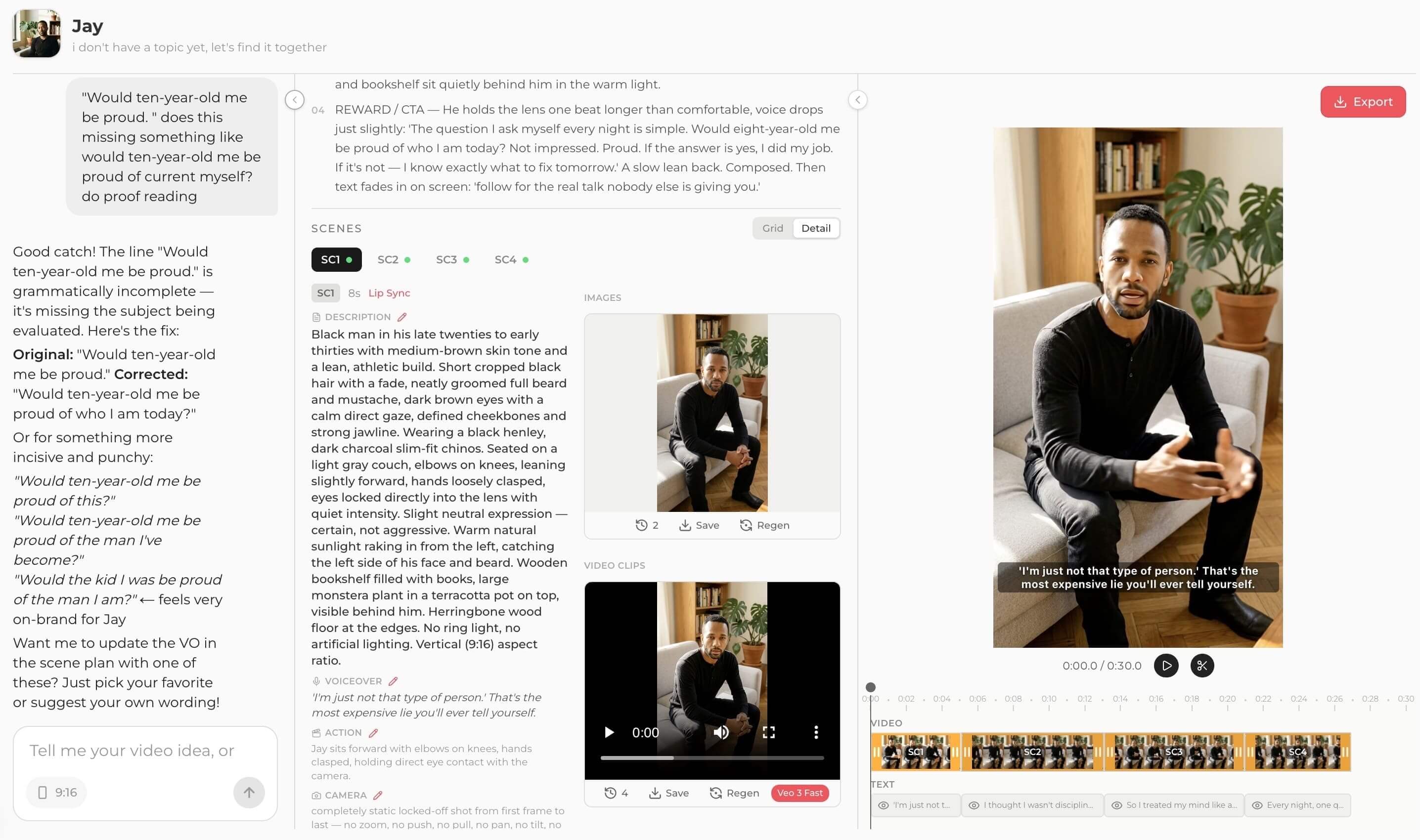 Kinova video editor showing scene planning, chat control, and video preview